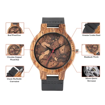 

Creative Cork Slag/Broken Leaves Face Nature Wood Watch Men Clock Male Genuine Leather Bangle Retro Wristwatch Relojes Hombre