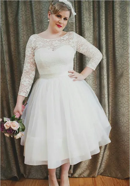 2017 New Stunning Short Plus Size Wedding Dresses Long Sleeve Lace 2017 New Stunning Short Plus Size Wedding Dresses Long Sleeve Lace Tulle A Line Tea Length