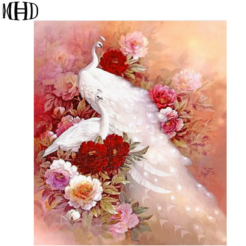 

MHD Diamond painted peacock 5D DIY Diamond Cross Stitch Two White Peacock Flowers Home Decoration Diamond Mosaic