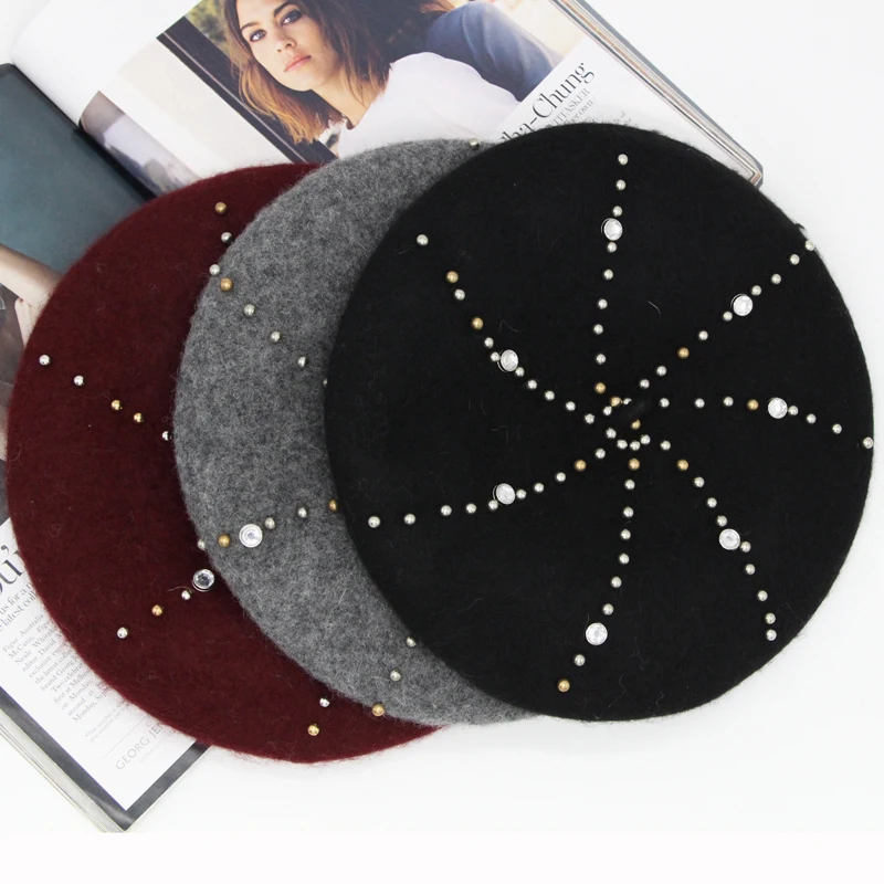 

Womens winter Hat Beret Female Wool Cotton blend Cap Autumn 2021 new handmade studs woman beret flap hat boinas de muj LL180976