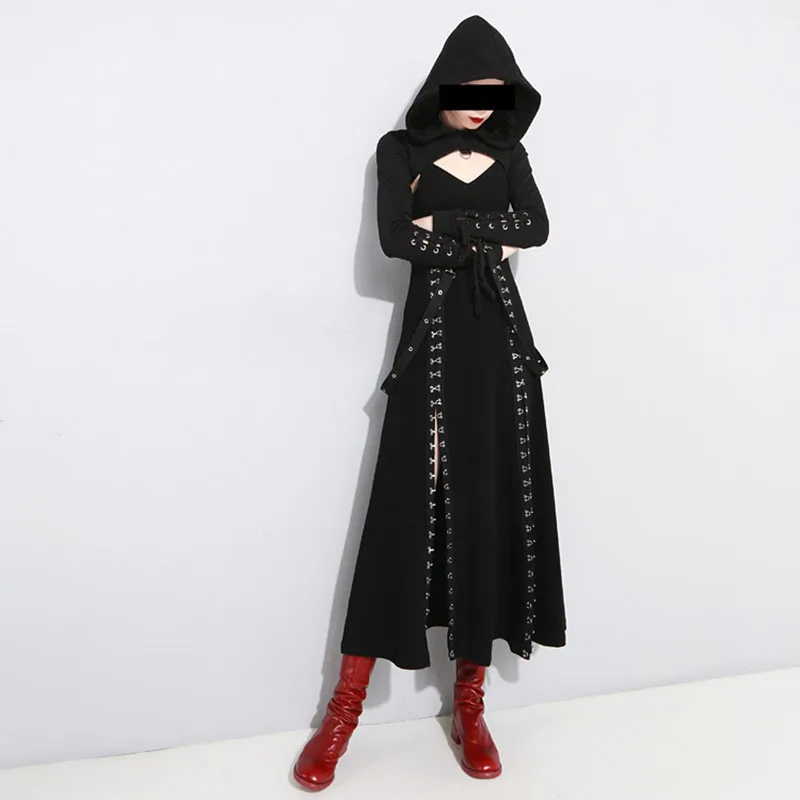 

Punk Rock Darkness Style Metal Hook Split High Waist Black Backless Strap Dress+Cross Strap Top Gothic Steampunk Dresses Women