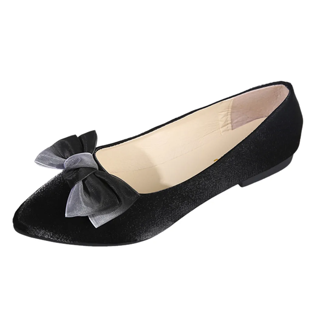 Womail/ г. летняя элегантная повседневная женская обувь на плоской подошве с бантом тонкие туфли с острым носком Повседневная обувь женская уличная обувь - Цвет: BK