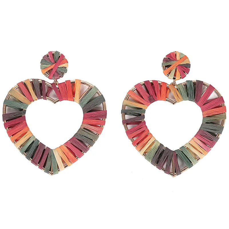 

Rainbery 2019 Newest Fashion Jewelry Bijoux Rainbow Colorful Raffia Earring Big Heart Statement Earrings for Summer