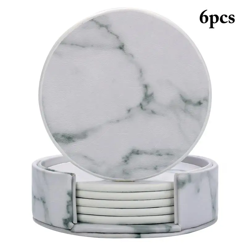 

6pcs Marble Coasters leather Cup Coaster Drinking Tea Cup Pad Round Table Mat Coaster Coffee Tea Cup Place Mats Pad