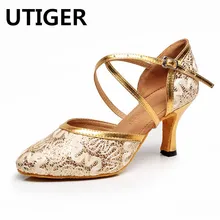Женские латинский танец сальсы, женские бальные туфли на высоком каблуке 7,5 см, золотой, серебряный, квадратный Танго, танцевальная обувь