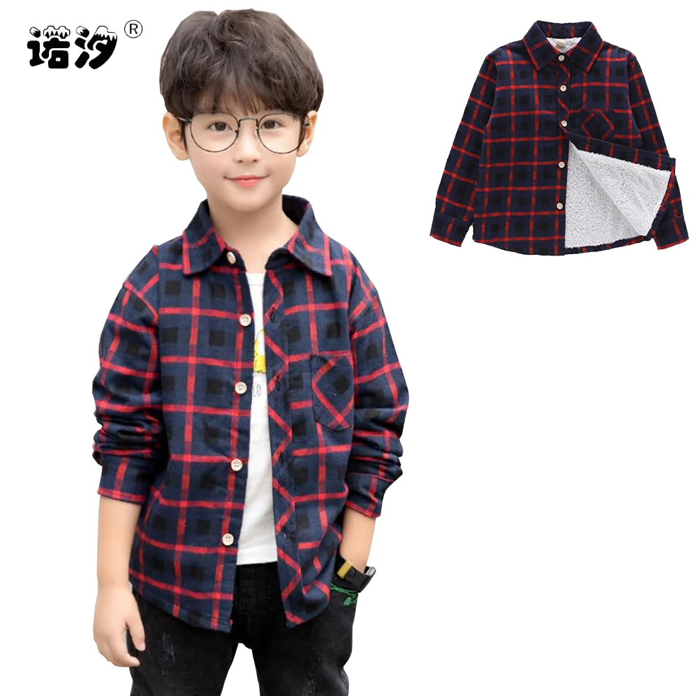Boys winter clothes kids cotton plaid shirt baby boys velvet long