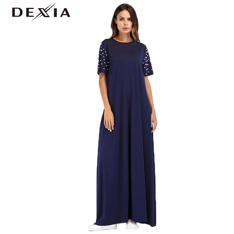 Dexia Robe Beading Dresses Women Short Sleeve Summer Dress