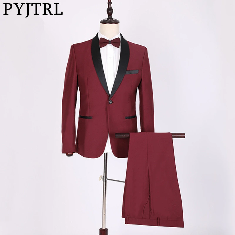 

PYJTRL Classic Shawl Lapel Burgundy Two-piece Set Suits Wedding Men Costume Homme Tuxedo Terno Masculino Slim Fit Body Suit