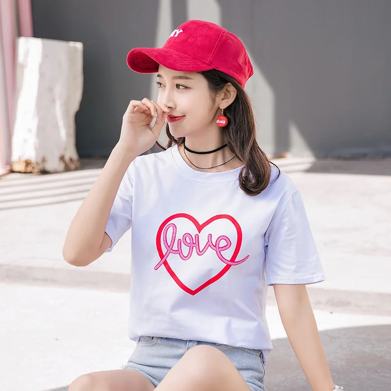 

AD Heart Pattern Pink Love Letter Sweet Student Girls t shirts for Summer Cotton Fabric Quality Sewing Women T-shirts Clothing
