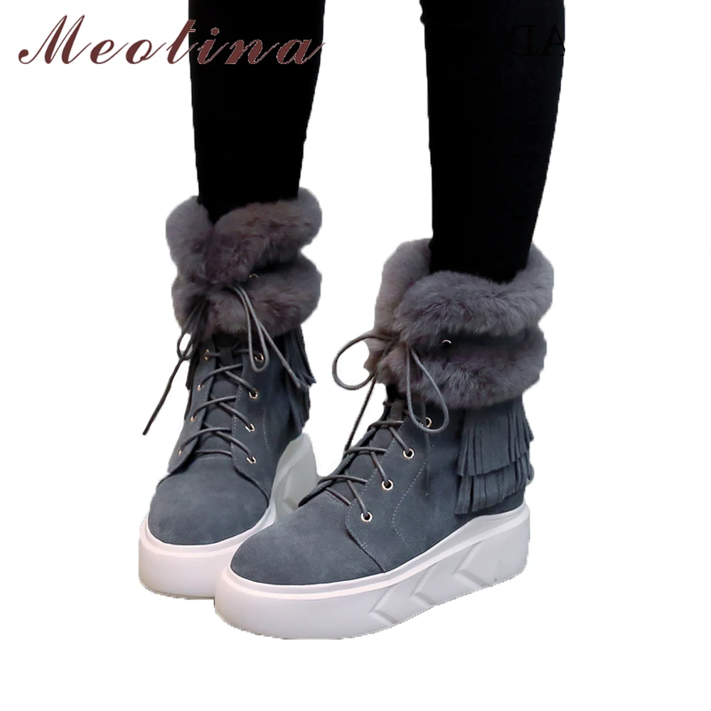 Meotina Winter Ankle Boots Women Genuine Leather Fringe Platform Wedge Snow Boots Lace Up Cow Suede Rabbit Fur Shoes Gray Black Meotina Winter Ankle Boots Women Genuine Leather Fringe Platform Wedge Snow Boots Lace Up Cow Suede Rabbit Fur Shoes Gray Black