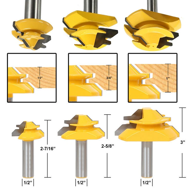 3pcs 1/2" Shank Lock Miter Router Bits 45 Degree Glue Joint Router Bit