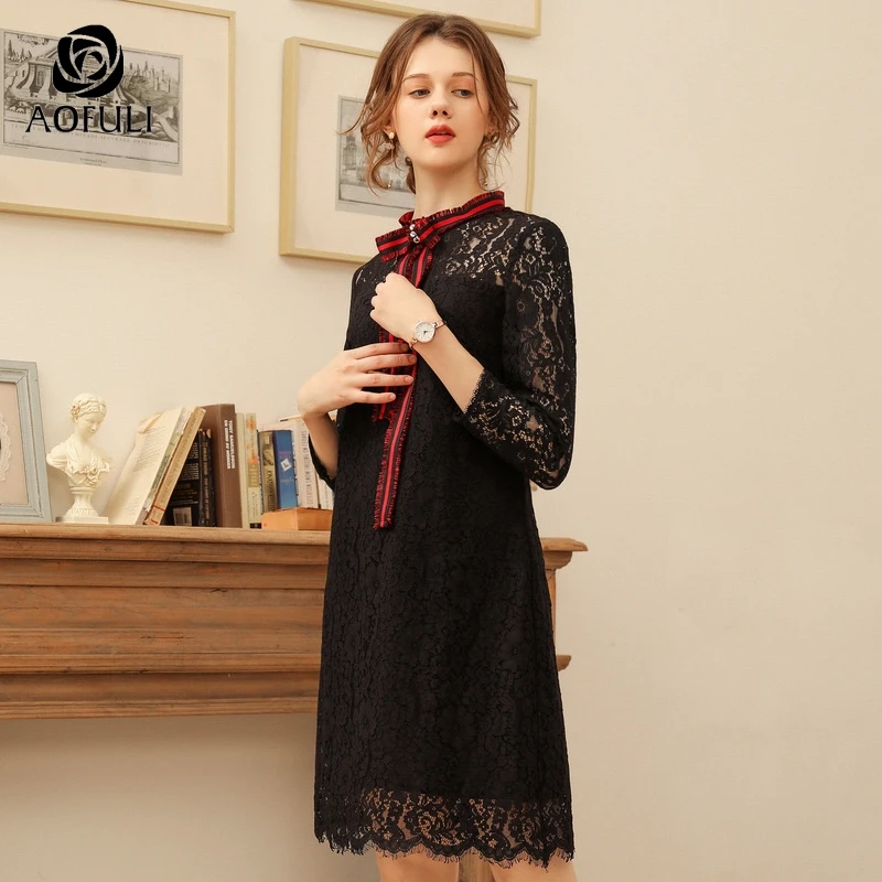 L/XL/5XL женское кружевное платье с галстуком бабочкой осеннее до колена длинным