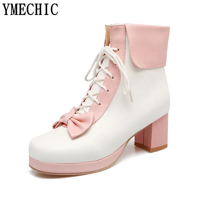Женские ботильоны на шнуровке YMECHIC розовые фиолетовые черные Лолита с бантом