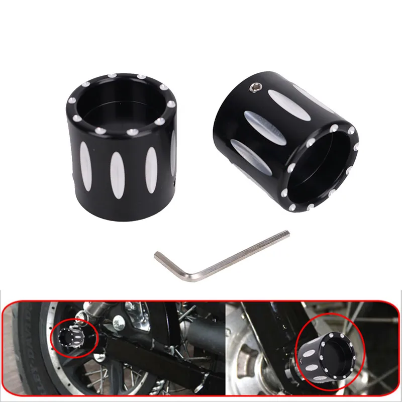 Black CNC Deep Edge Cut Front Axle Cap Bolt Kit Nut Cover For Harley