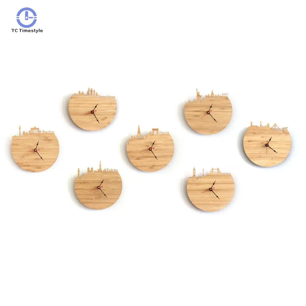 

Silently Decor Home Clock Advanced Art Natural Wood Wall Clocks Map Design Canada Toronto City Silhouette Geometric Shape Watch