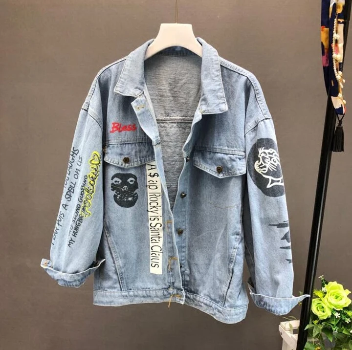 Denim Autocollant Manteau Jeans 2019 En Cowboy Sac Graffiti Femmes Kelly De Veste Étudiant Impression Pu À Ciel Manches Longues Vestes Lâche qngx7Unw