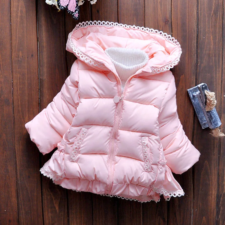 

Fashion Kids winter clothing Baby Girls Lace thickening hooded jacket outerwear Children Warmer cotton-padded Coats 1-2-3-4-5Y
