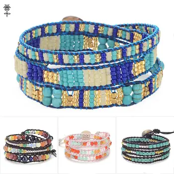 

10pcs/lot Handmade Graduated Stone with Gold beads Wrap Bracelets Leather Boho Bracelet with Stones Wholesale Leather Jewelry
