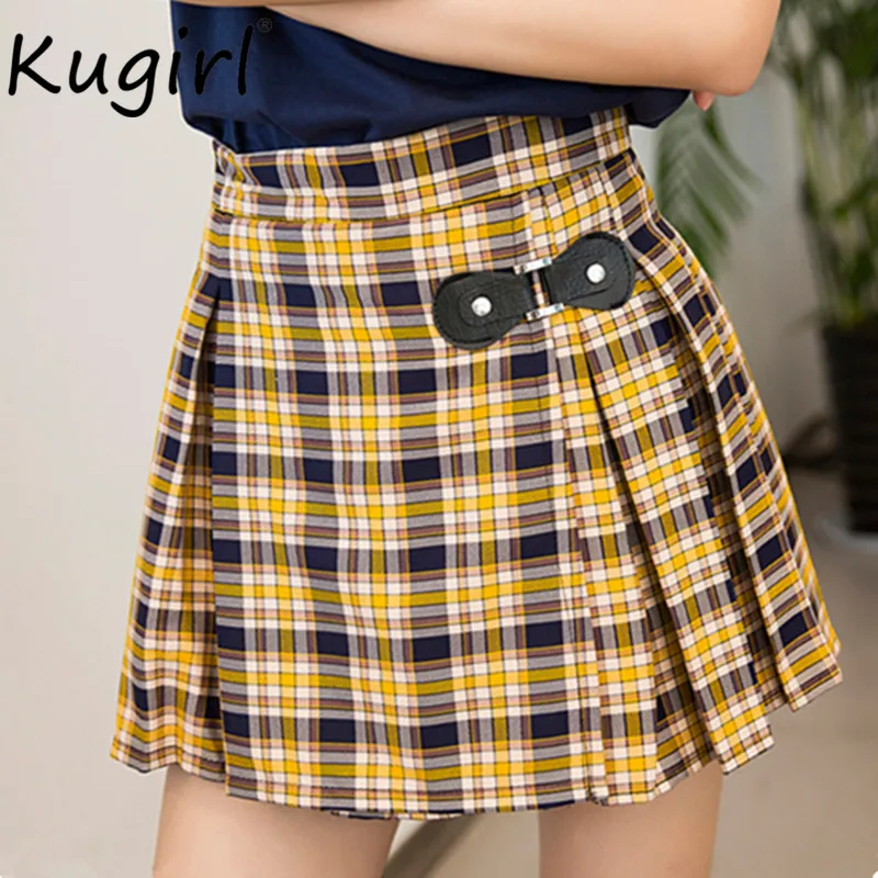 Сексуальные клетчатые плиссированные юбки, уличная клетчатая Желтая Женская юбка с высокой талией, юбки Харадзюку, женская повседневная юбка-карандаш в стиле панк