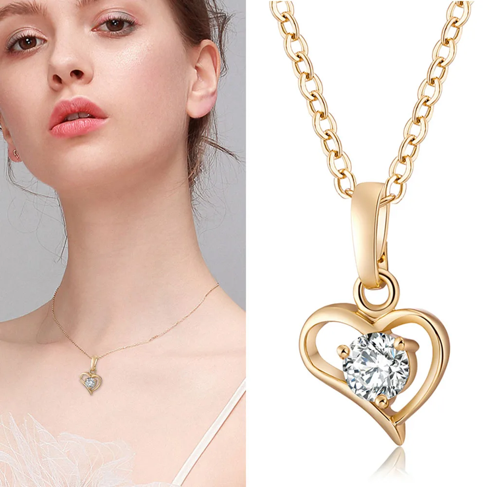 Women Love Heart Pendant Necklace Lady Classic Inlaid Zircon Necklace