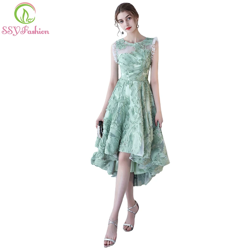 

SSYFashion Summer New Fresh Green Short Cocktail Dress Banquet High/low Short Front Long Back Lace Party Gown Formal Dresses