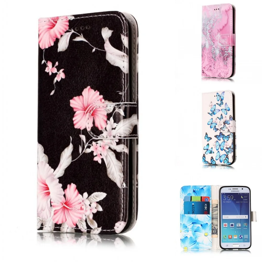 

Fashion Pink Marble Flower Wallet card PU Leather stand case cover for Samsung Galaxy S6 Edge Samsung S6 G9200 with screen film