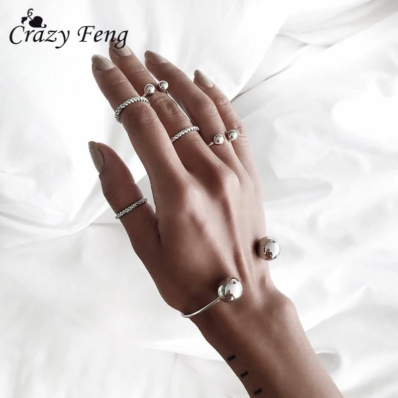 

6pcs/set Bracelet and Ring Series Set Punk Open Adjustable Bracelet Bangle & Rings with Beads Hollow Joint Rings Bracelets Kits