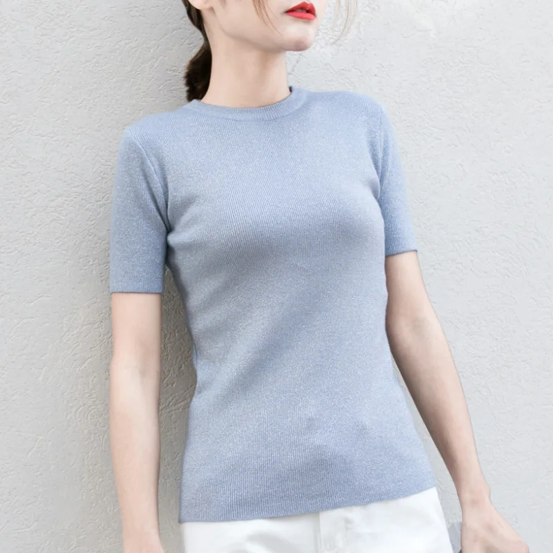 2018 New Summer knitted Slim Pullover Women O-Neck Sweater Shirt Female All-match Basic Short Sleeve Tops Clothing