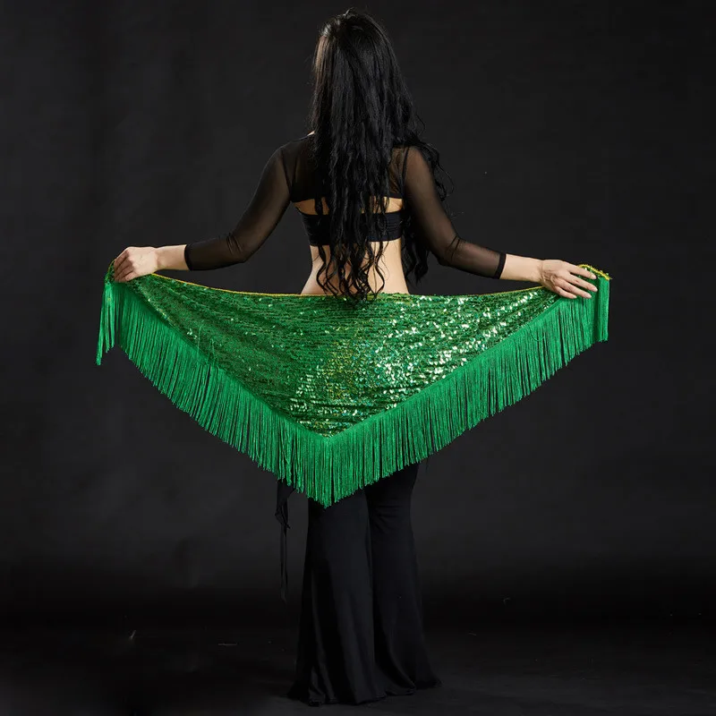 Высококачественный шарф, 9 цветов, одежда для танца живота, аксессуары, Длинная кисточка, треугольные ремни, набедренный шарф, блестящий набедренный пояс для женщин - Цвет: Green