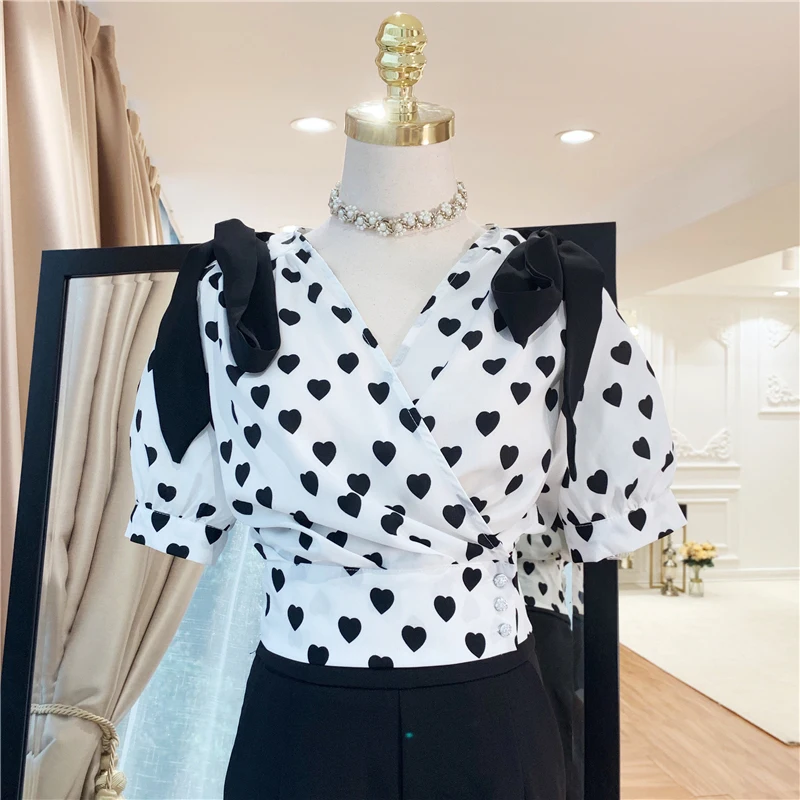 

HIGH QUALITY Newest Fashion Summer 2019 Runway Designer Shirt Women's Heart Print Blouse Shirt