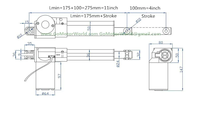 24V DC 100mm stroke Recliner chair motor drawing