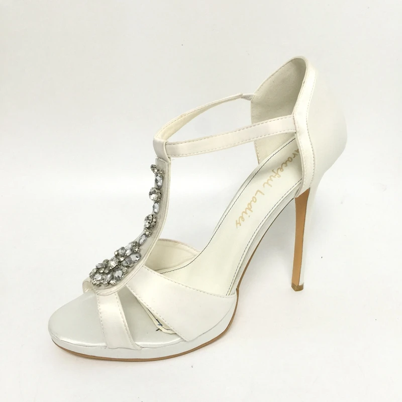 

Elegant White Wedding Sandals T-strap Rhinestones Open Toe Bridal Shoes High Heels Platform Crystal Sandal New Satin Shoes Women