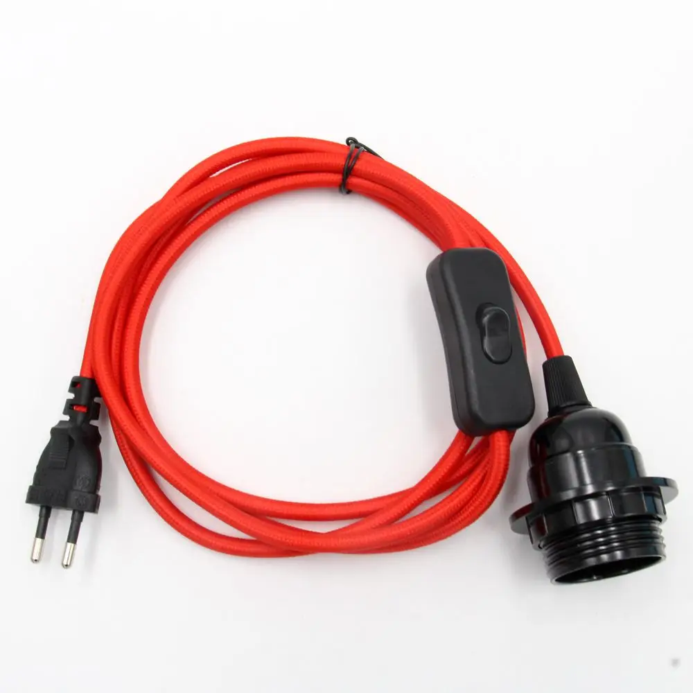 European Plug Power Cord with On/Off Switch and E27 Lamp Holder for Wall or Hanging Light Fixtures, 2m Length