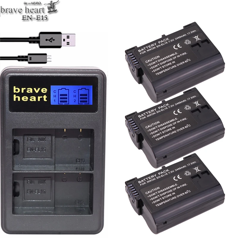 

brave heart 3x2499mah bateria EN EL15 batteries EN-EL15 Battery pack + DUAL charger For Nik D600 D800 D800E D7000 D7100 V1 MH-25