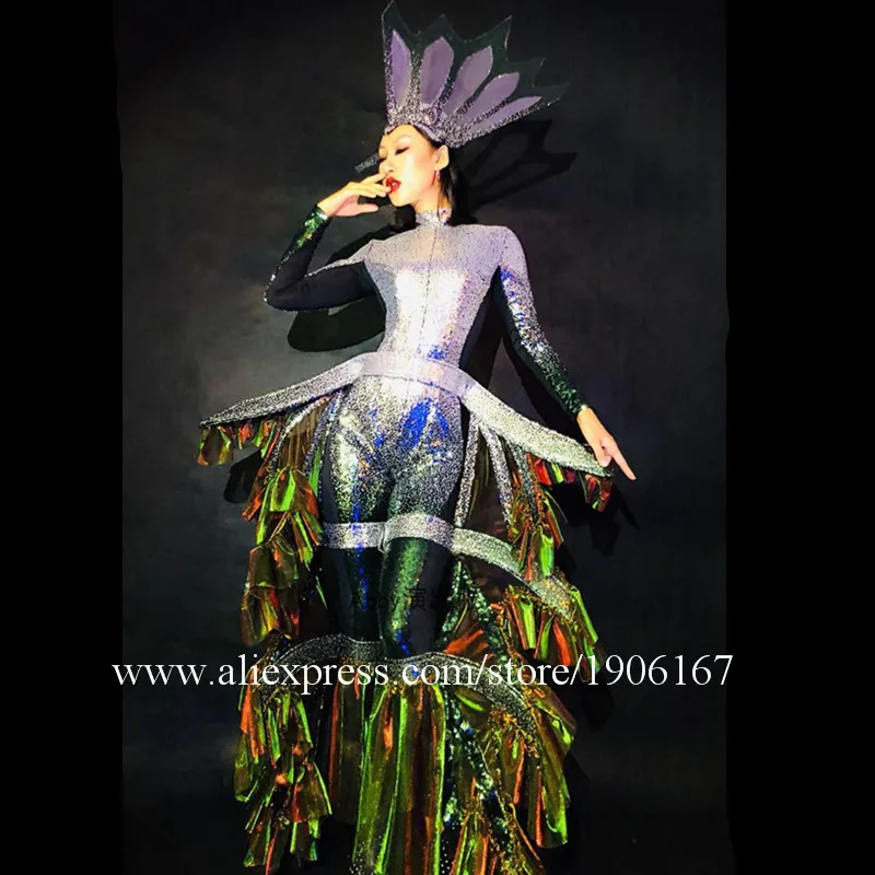 Dance team fluorescent show gradient color ocean party stage dance green dragon costume atmosphere costume1