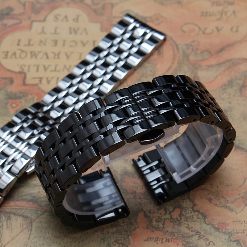 Stainless steel Watchband solid links metal strap butterfly buckle silver black width 14mm 16mm 18mm 20mm