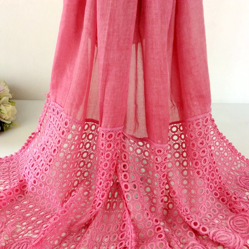 Однотонный хлопковый хиджаб розовый кружевной Цветочный шарф Мусульманский Хиджаб накидка длинные шали и шарфы, палантин, шаль модный дизайн