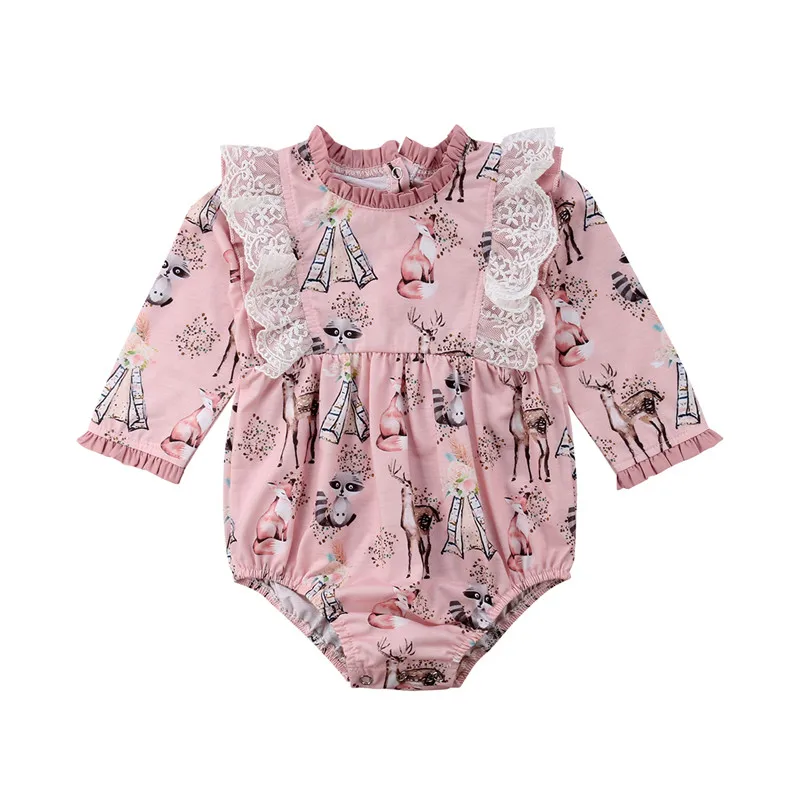 Infant Newborn Baby Girls Bodysuits Autumn Long Sleeve Pink Animal Lace