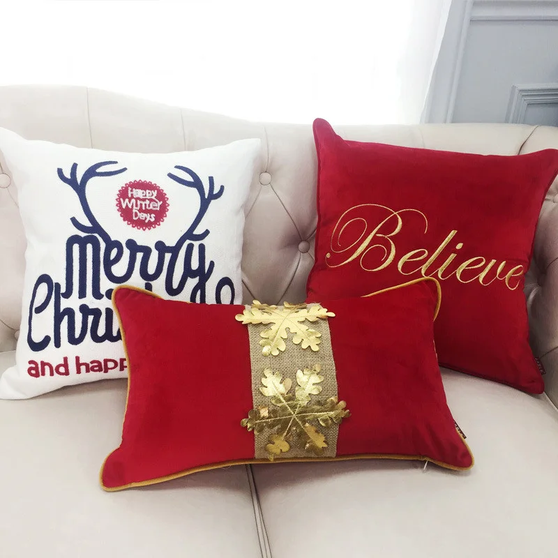 

Merry Christmas Cushion Cover Luxury Gold Embroidery Throw Pillows Cojines Decorativos Para Sofa Decorations For Home Festival