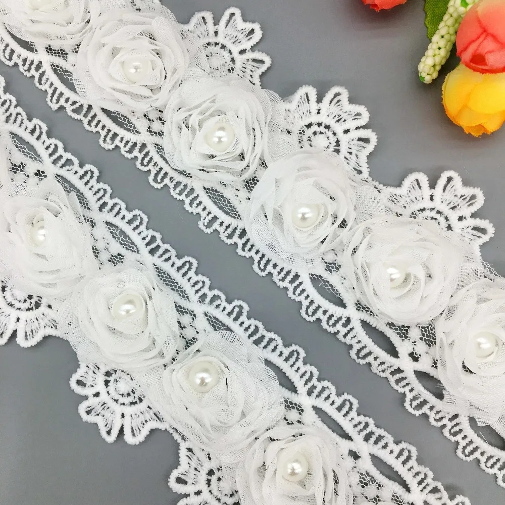 1Yd White Beaded Lace Trim Mesh Ribbon Sewing Applique for DIY Costume Craft
