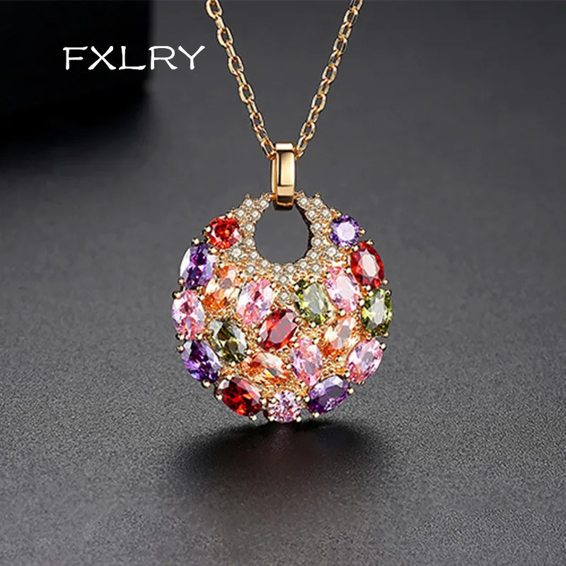 

FXLRY Hot Rose Gold-Color Multicolor CZ Zircon Multicolor Crystal Round Pendant Necklace for Women Party or Dating Gift