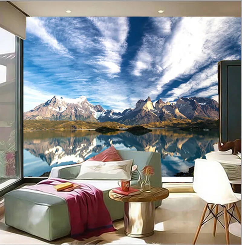 The latest 3D murals Chile's natural scenery beautiful sky snow mountain limpid water living room TV wall bedroom paper |