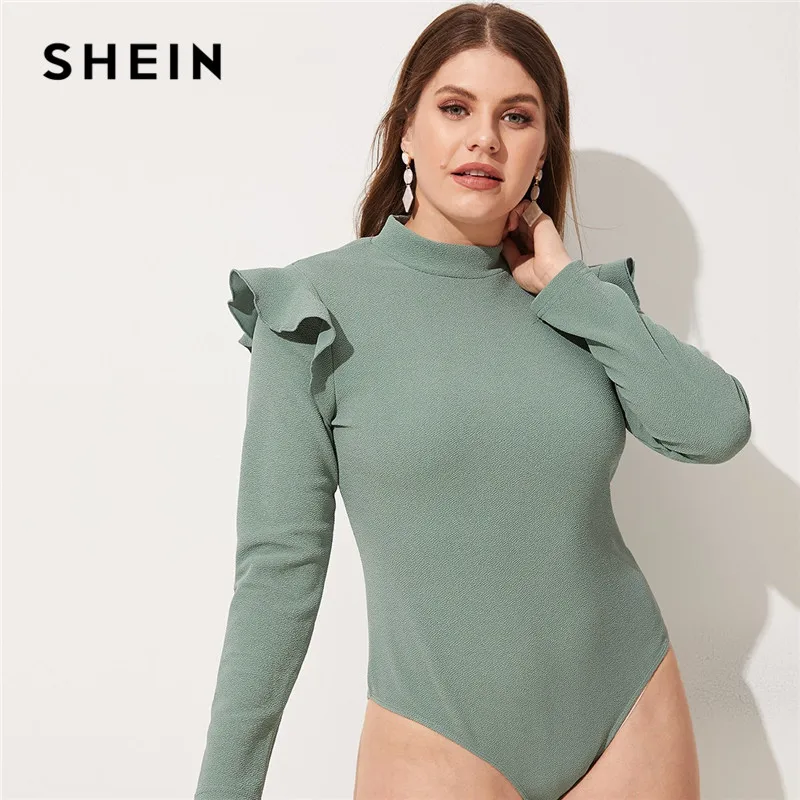 SHEIN Plus Size Green Elegant Ruffle Shoulder Women Bodysuits Stand