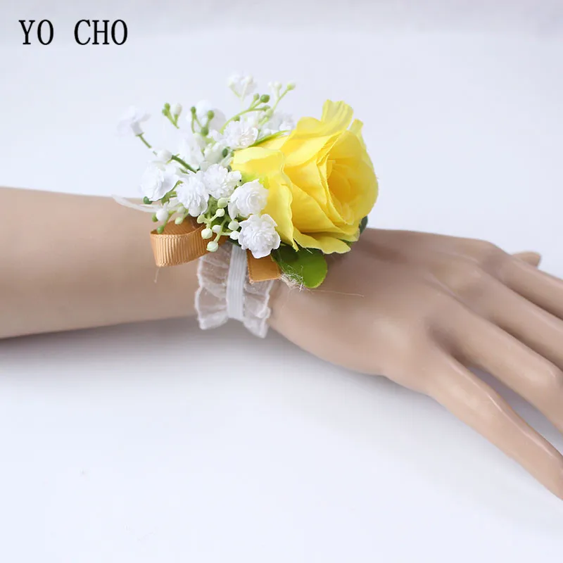 Boutonniere Flowers wedding wrist corsage flowers silk roses yellow  (17)