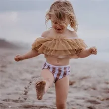 YANGMAILE/комплект из 2 предметов для маленьких девочек, фатиновая одежда в полоску с оборками, купальный костюм costumi da bagno bambina Y
