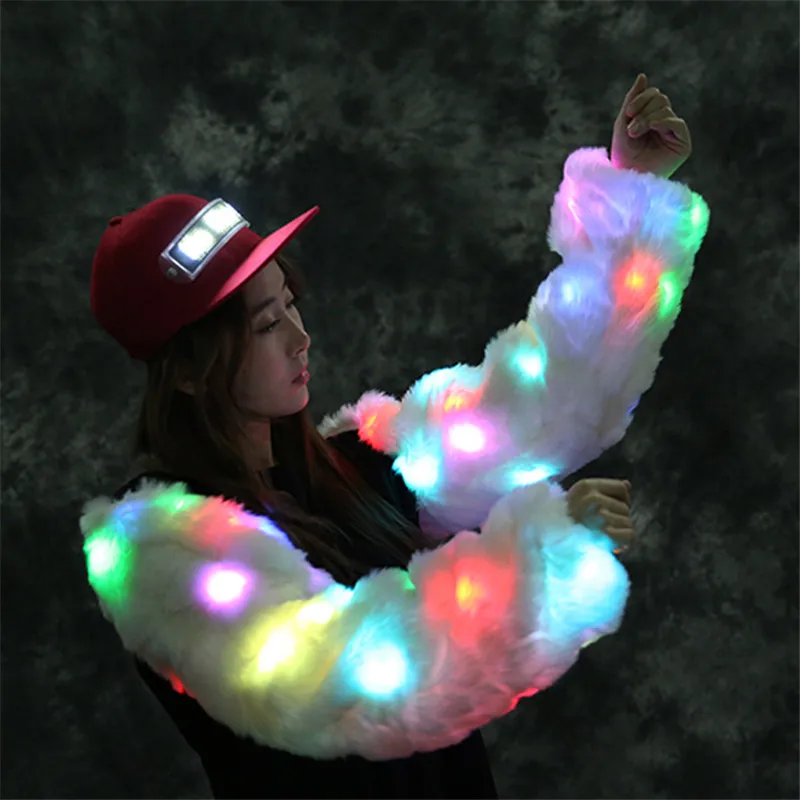 

RE66 Party rave stage led costumes colorful light fur long sleeve singer performance wears dj dress luminous outfits disco cloth