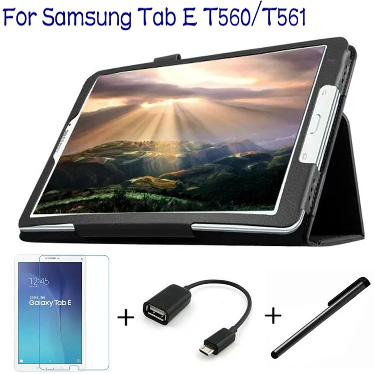 4 in 1 Fashion Top Quality PU Leather Cover for Samsung Galaxy Tab E 9.6 T560 T561 Tablet Case+ Screen Protector+OTG+ Stylus Pen 4 in 1 Fashion Top Quality PU Leather Cover for Samsung Galaxy Tab E 9.6 T560 T561 Tablet Case+ Screen Protector+OTG+ Stylus Pen