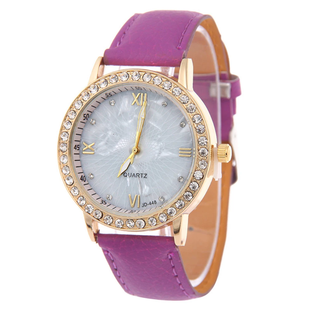 Модные женские кварцевые наручные часы из искусственной кожи, стразы, римские цифры, женские часы - Цвет: Фиолетовый
