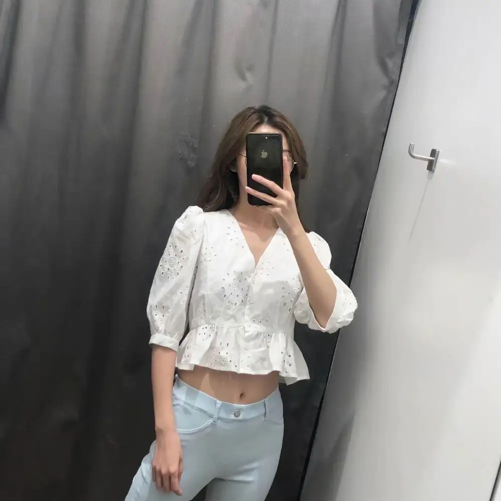 

2019 za women blouses european cotton lace embroderied art work blouses Shirts Womens Camisa Blusas sleeve Blouse
