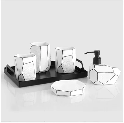 Nordic Luxurious Golden and White Bathroom Accessories Set Sketch Decorated Geometrics Bone China Bathroom Supply Kits Gift Set - Цвет: Black 6pcs Set 2